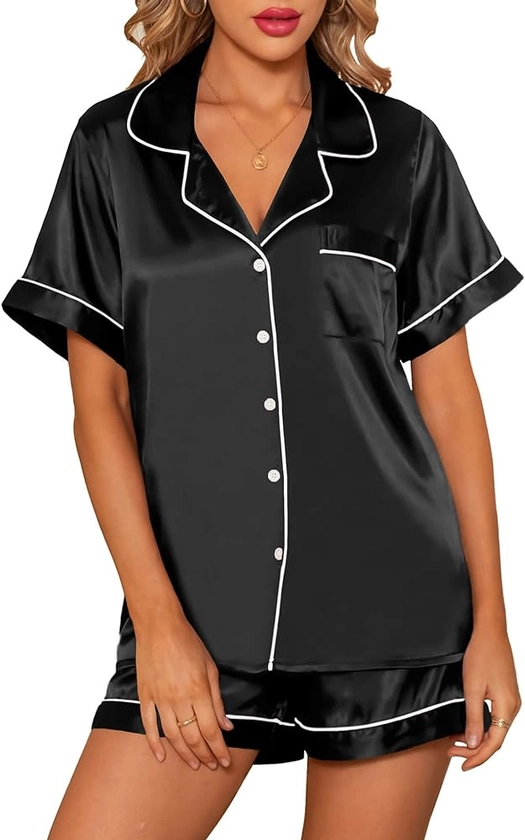 Womens Silk Satin Pajamas Short Sleeve Button Down Pjs Set Sleepwear Two Piece Pjs Shorts Set with Pockets S-XXL