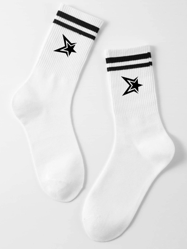 1pair Men Star & Striped Pattern Casual Crew Socks For Daily Life