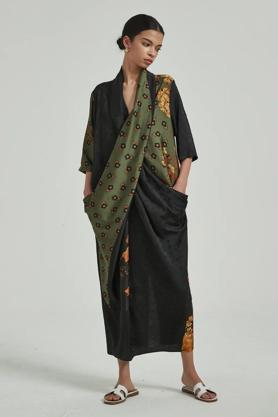 Cross Front Print Silk Maxi Dress