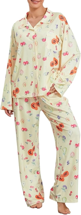 Loalirando Ensemble Pyjama Femme Lâche de 2 Pièces Imprimé Fruits ou Fleurs, Haut Boutonné à Manches Longues Col à Revers + Pantalon/Shorts