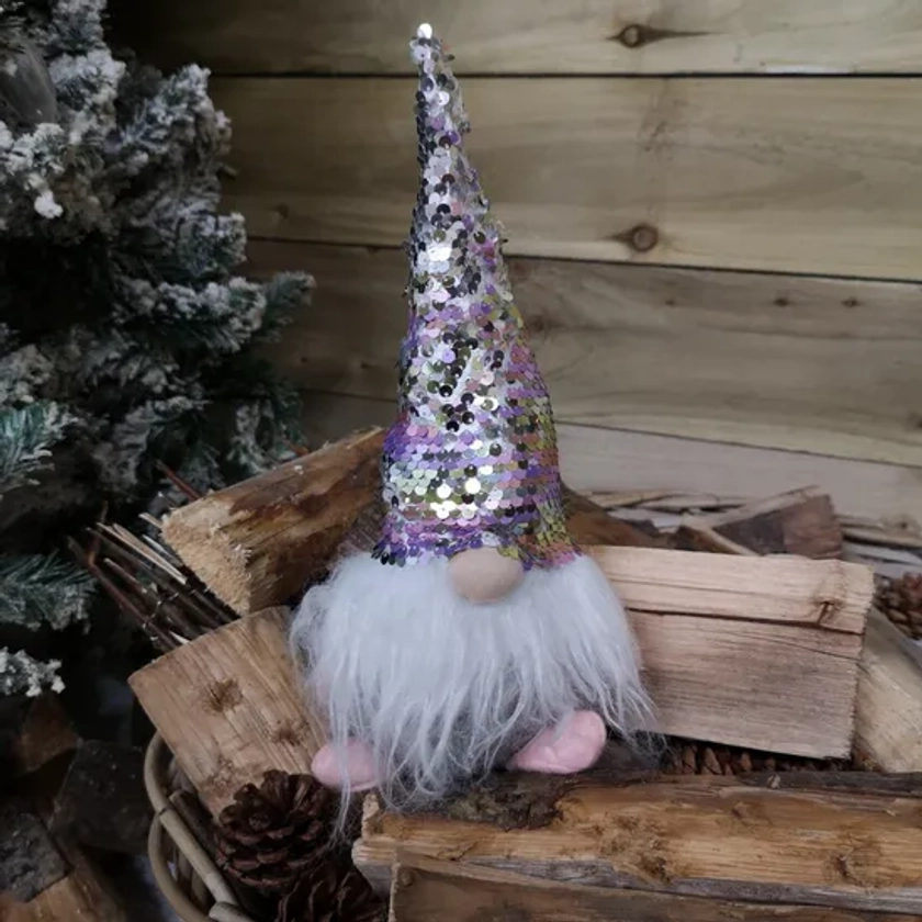 Christmas Decorations | 30cm Festive Christmas Plush Pink & Silver Bearded Gonk with Sequin Hat | Samuel Alexander