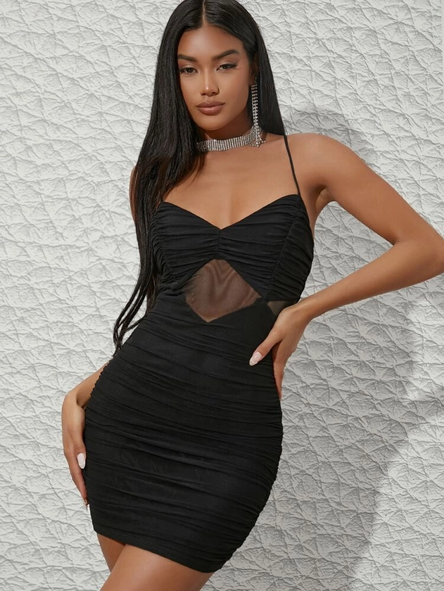 Ruched Bust Solid Mesh Overlay Bodycon Dress