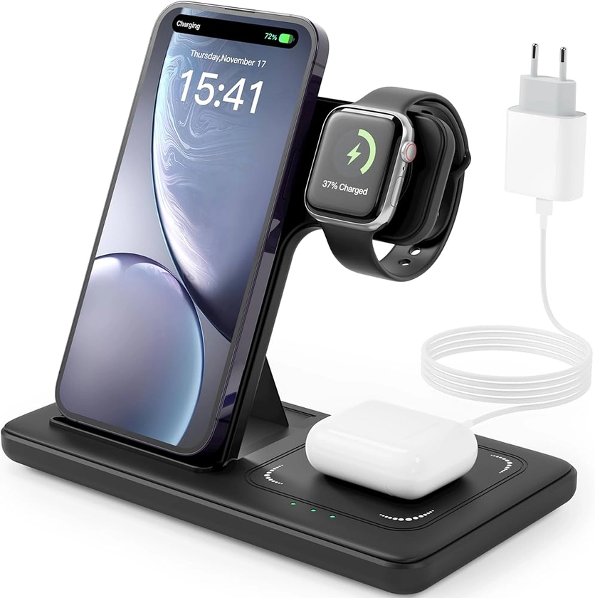 Chargeur Induction 3 en 1 for iPhone 15/14/13/12/Pro/Max/Plus, Apple Watch Ultra 9/8/7/6/5/4/3, AirPods 3/2 Pro, Station de Charge, Chargeur sans Fil LUOATIP