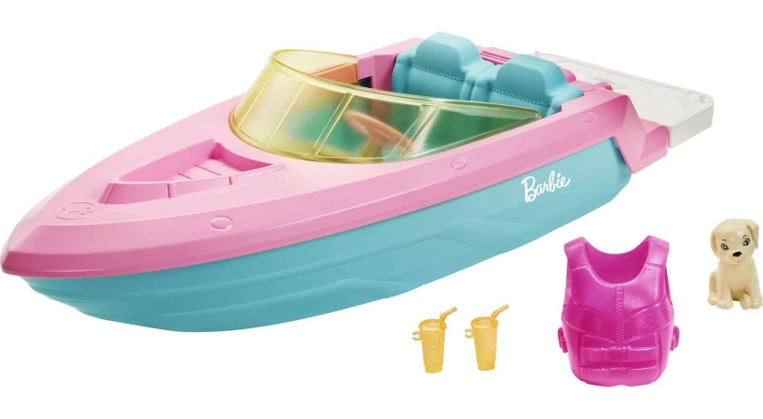 Barbie Toy Boat Set with Puppy, Life Vest and Beverage Accessories, Floats in Water (Seats 3 Dolls)