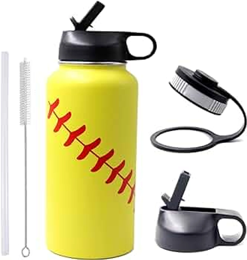 32 oz Softball Water Bottle, Flask Sports with 2 Lids 18/8 Stainless Steel Tumbler Double Wall Vacuum Insulated Hot/Cold (32oz, Yellow Softball)