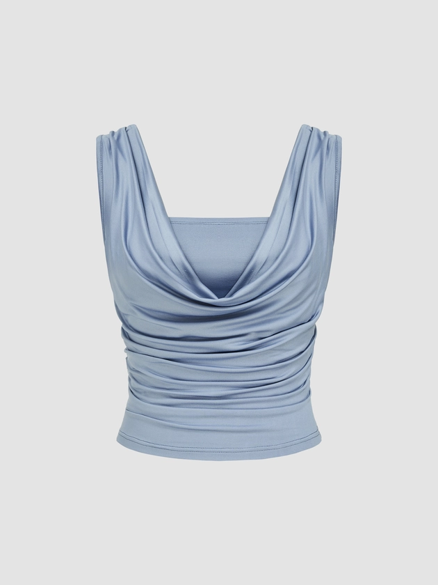 Cowl Neck Solid Ruched Tank Top - Cider