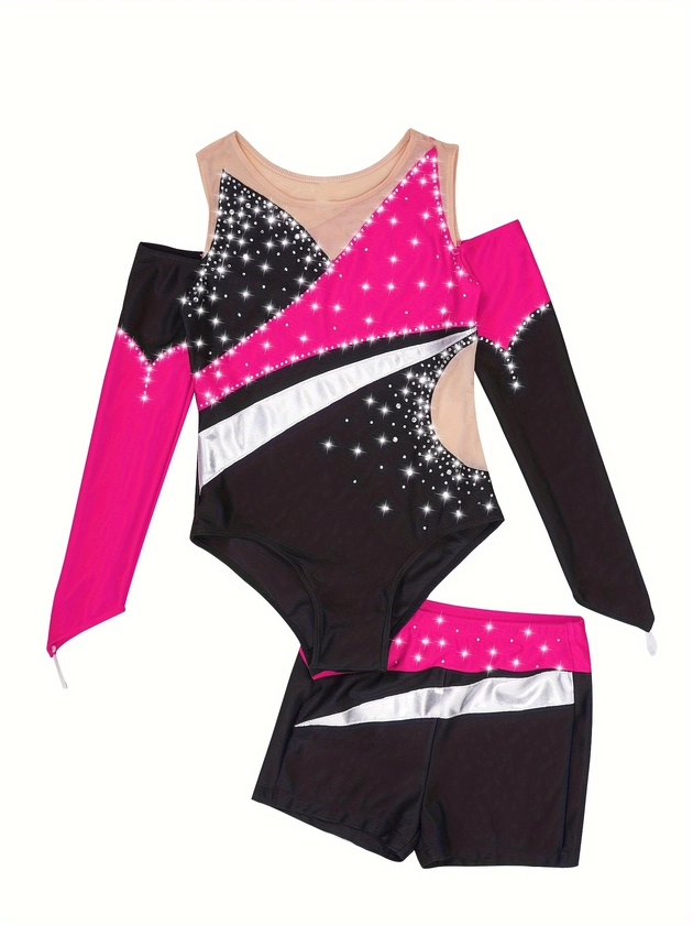 Girls 2pcs Comfy Splicing Long Sleeve Leotard + Shorts Set Gymnastics Suits