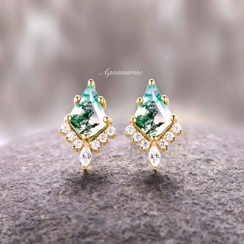 Skye Kite Green Moss Agate Earrings For Women 14K Yellow Gold Vermeil Natural Agate Studs Unique Birthstone Jewelry Anniversary Gift For Her