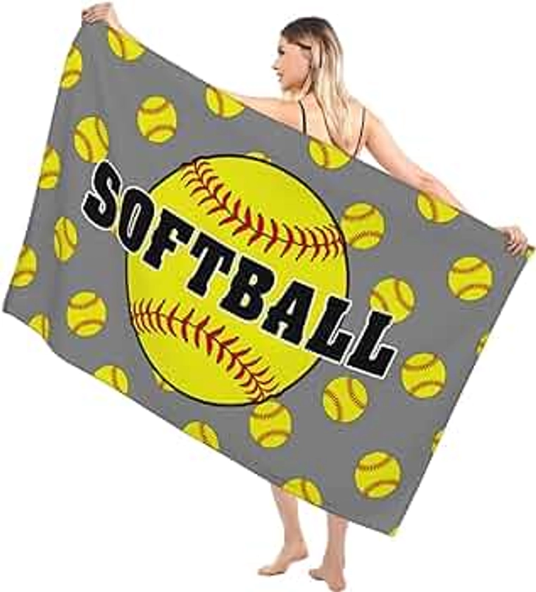 Softball Beach Towel Yellow Softball Sports Balls Grey Bath Towels, Personalized Softball Accessories for Girls Kids, Lightweight Quick Dry Sandproof Pool Towels, Oversized 31.5x51.2