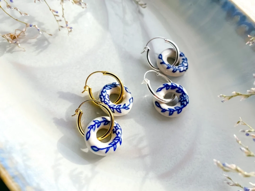 Blue White Floral Porcelain Earrings, Gold Hoop Delft Ceramic Dainty Earrings, Cobalt Willow Chinoiserie Silver Dangle Earrings, Handmade