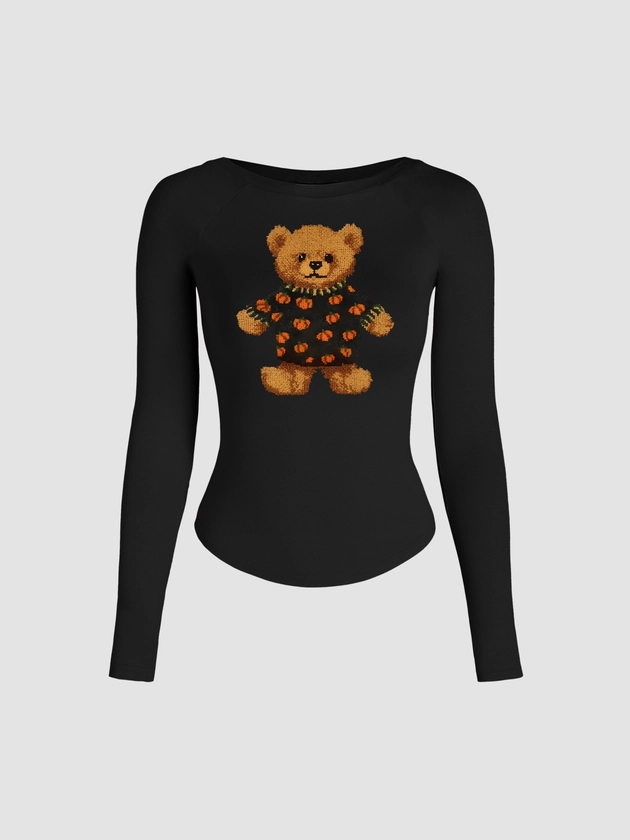 Halloween Pumpkin Sweater Knit Fabric Boat Neck Pumpkin Bear Graphic Long Sleeve Top For School Daily Casual