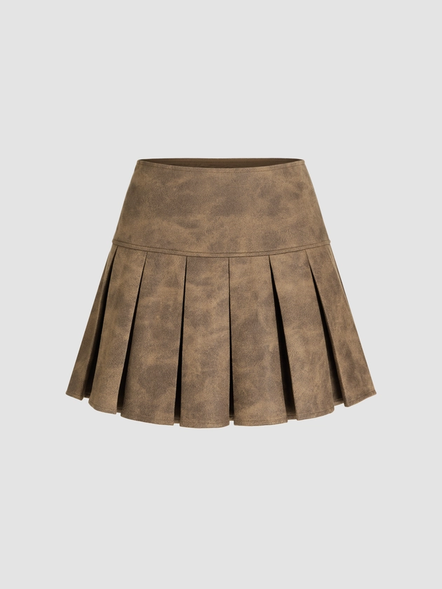 Faux Leather Mid Waist Pleated Mini Skirt