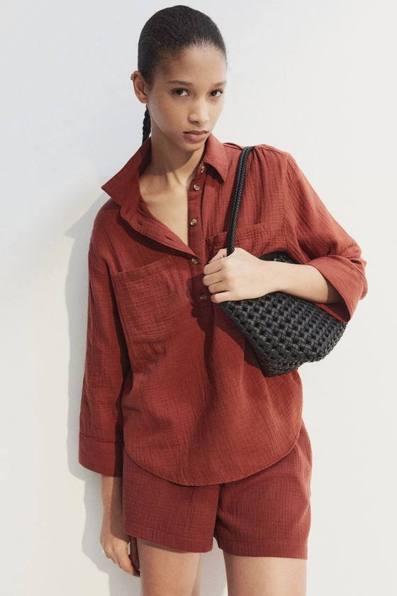Pullover Muslin Shirt - 3/4 sleeve - Regular length - Rust red - Ladies | H&M US