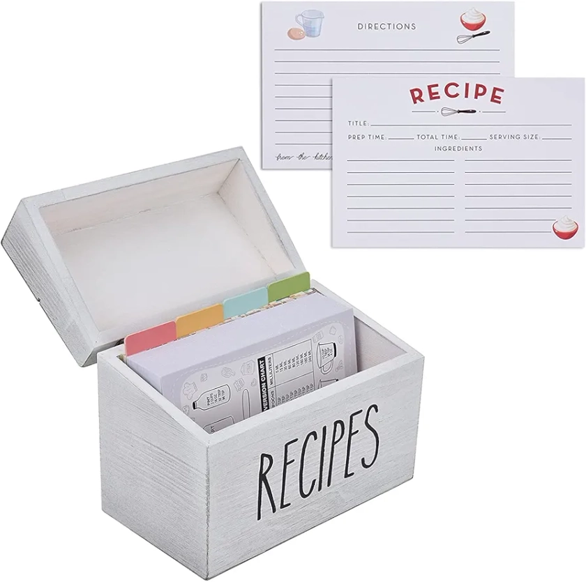 hoziel Farmhouse White Recipe Box with Cards and Dividers - Vintage Recipe Card Box with 100 4x6 Recipe Cards 12 Dividers Plus Conversion Chart Cooking,Kitchen,Wedding,Bridal Shower,Mom,Wife