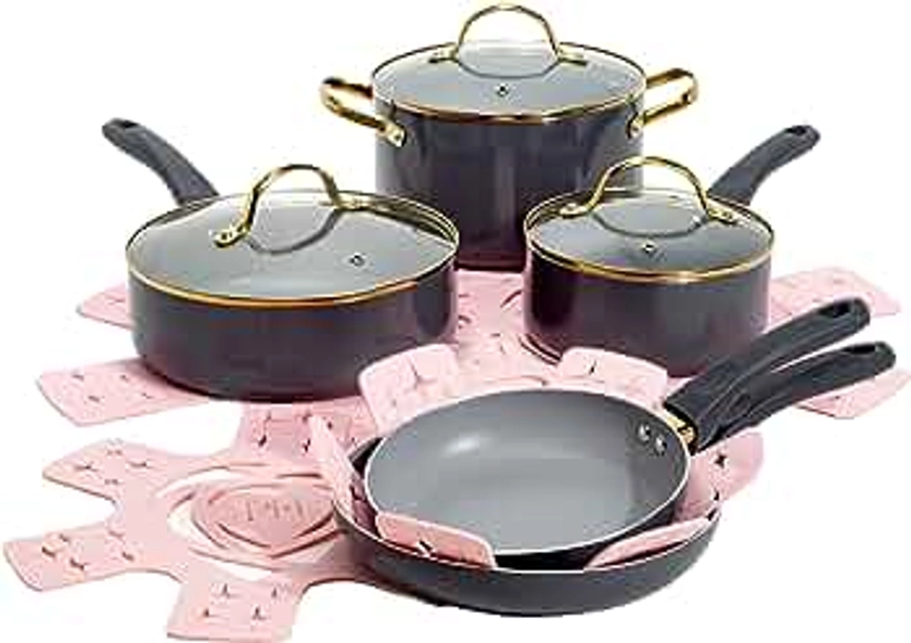 Paris Hilton Epic Nonstick Pots and Pans Set, Multi-layer Coating, Tempered Glass Lids, Soft Touch, Stay Cool Handles, Made without PFOA, Dishwasher Safe Cookware 12-Piece, Charcoal Gray