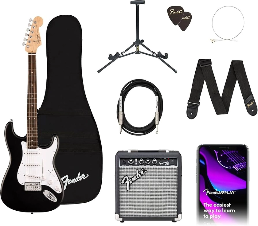 Fender Squier Debut Series Stratocaster Electric Guitar Kit, Beginner Guitar Kit, with 2-Year Warranty, with Padded Gig Bag, Frontman 10G Amp, Guitar Strap, and More, Includes Free Lessons, Black