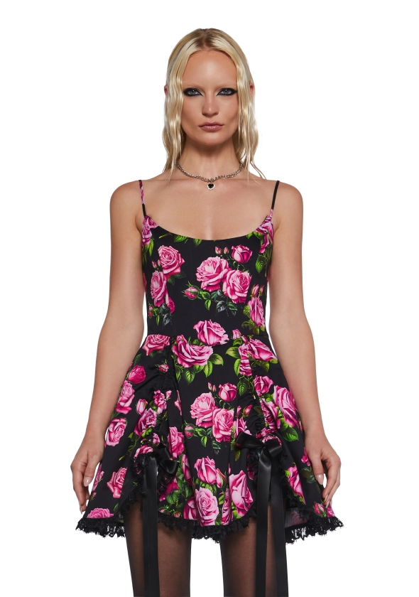 Floral Rose Print Twill Taffeta Tie Mini Dress Sugar Thrillz - Black