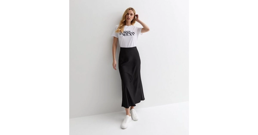 Black Satin Bias Cut Midi Skirt | New Look