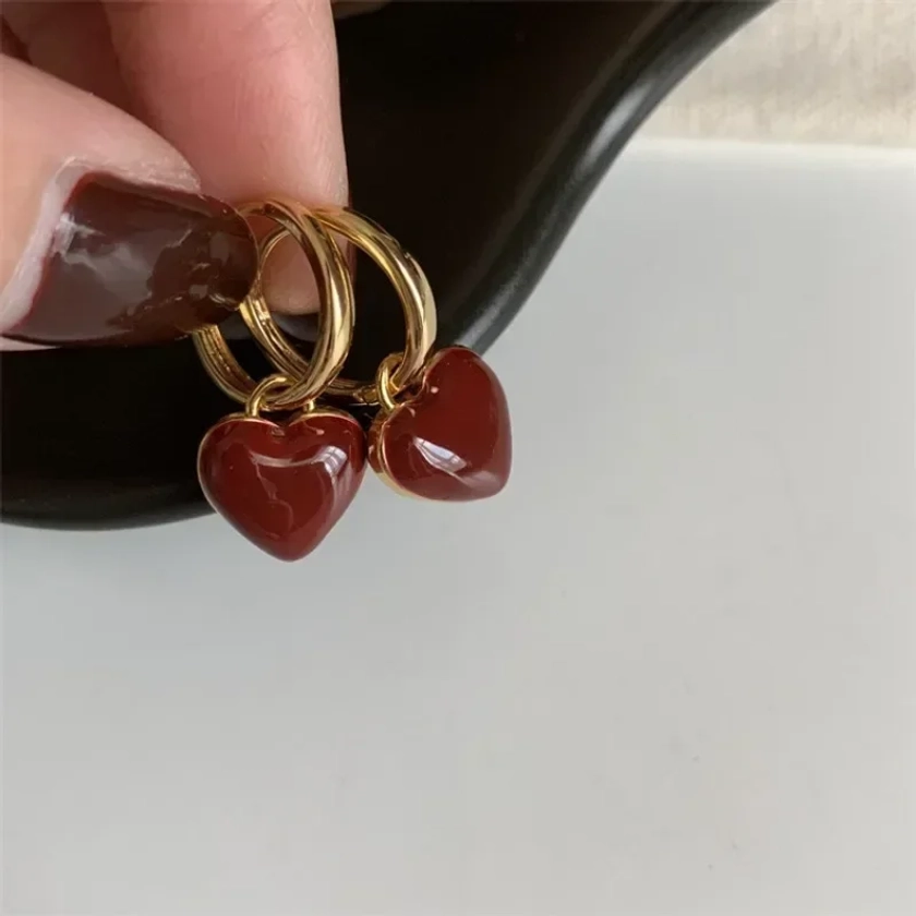 Винно-красные серьги-подвески в форме сердца на AliExpress