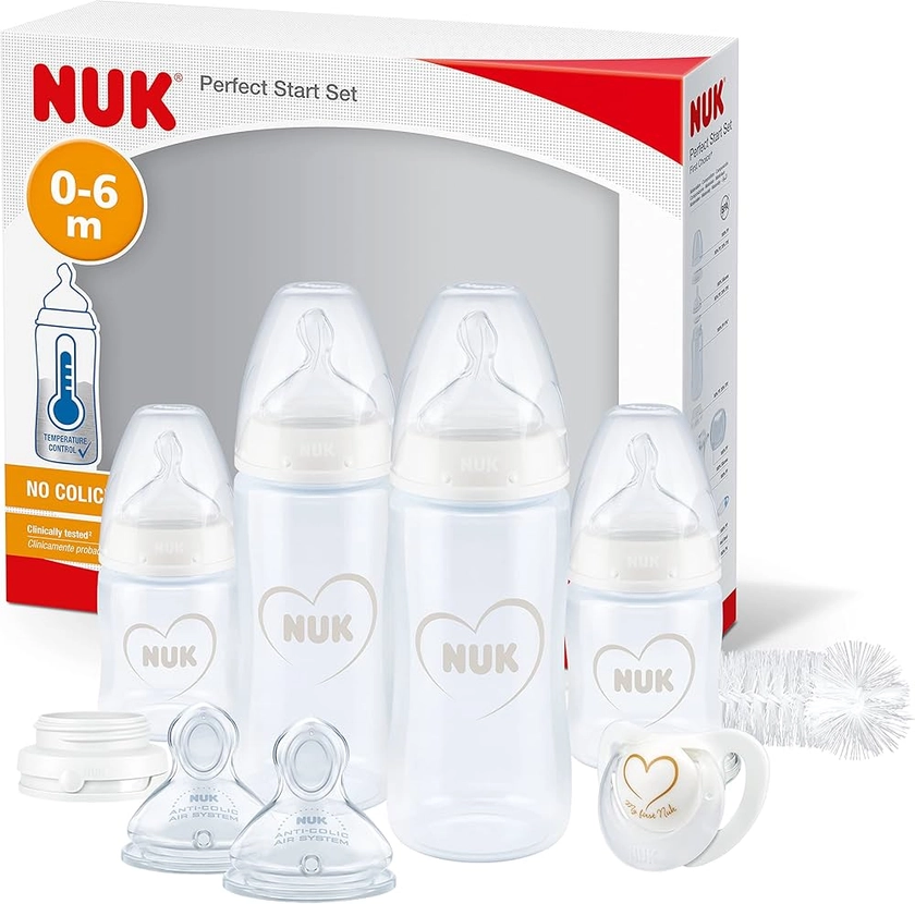 NUK Perfect Start First Choice+ Lot biberon - 0-6 mois - 4 biberons anti-coliques, 1 sucette, 1 goupillon et plus encore - Sans BPA - Lot de 10 pièces