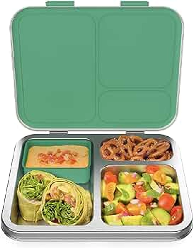 Bentgo Kids Stainless Steel Leak-Resistant Lunch Box - Bento-Style Redesigned in 2022 w/Upgraded Latches, 3 Compartments, & Extra Container - Eco-Friendly, Dishwasher Safe, Patented Design (Green)