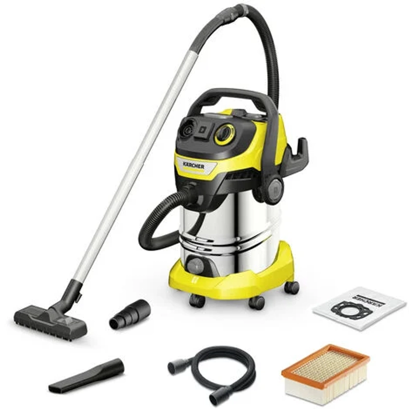 Karcher Aspirateur eau et poussières WD 6 P S V-30/6/22/T avec cuve métal 30 litres, cable de 6 mètres et flexible 2,2 mètres, prise électroportatifs, bouchon de vidange