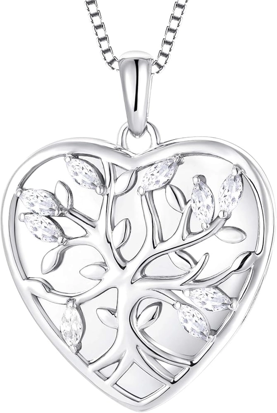 JO WISDOM Women Heart Photo Locket Necklace,925 Sterling Silver Tree of Life Pendant Necklace with 3A Cubic Zirconia Jewelry for Women