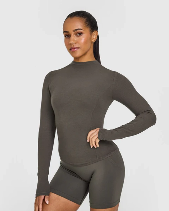 Mellow Rib Mock Neck Long Sleeve Top | Deep Taupe