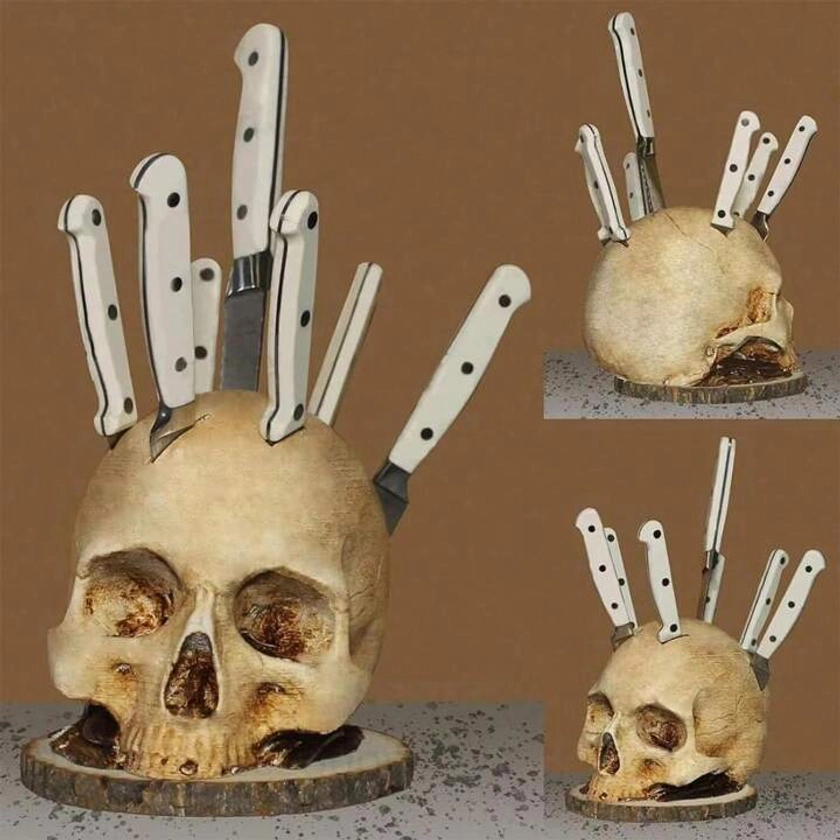 1pc Creative Skull Knife Holder Resin Ornament Horror Atmosphere Decoration, Halloween Decorations