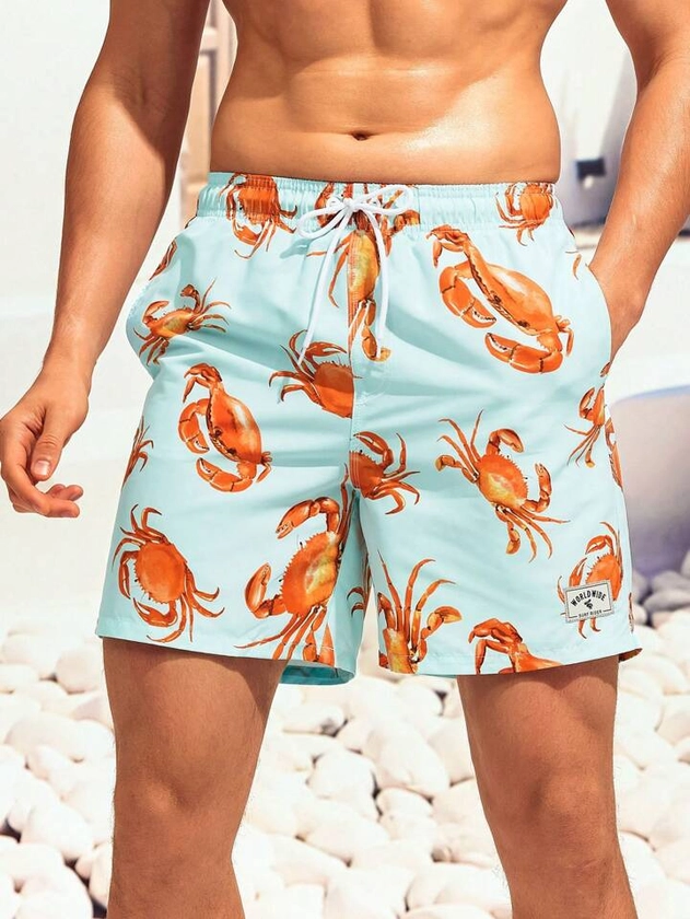 Manfinity Swimmode Men Crab Print Drawstring Waist Swim Trunks