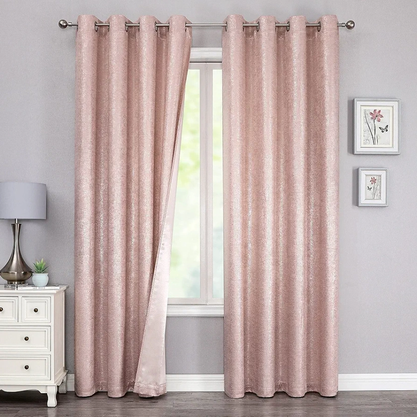 Pink Sparkle Blackout Curtains Luxury Metallic Room Darkening Curtains 63 inch 85% Blackout Chic Silver Glitter Pink Drapes for Living Room Bedroom Grommet Top 2 Panels,W52 xL63
