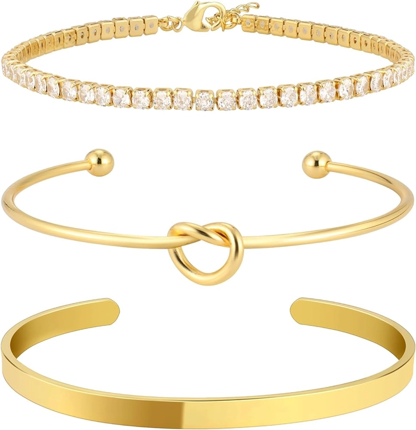 Amazon.com: Zalcon Gold Bangle Bracelets Stack for Women Non Tarnish Dainty 14K Gold Plated Tennis Bracelet Set Jewelry for Women Trendy: Clothing, Shoes & Jewelry