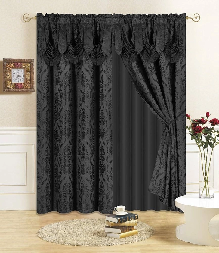 All American Collection New 4 Piece Drape Set with Attached Valance and Sheer with 2 Tie Backs Included (84" Length, Black): Panels: Amazon.com.au