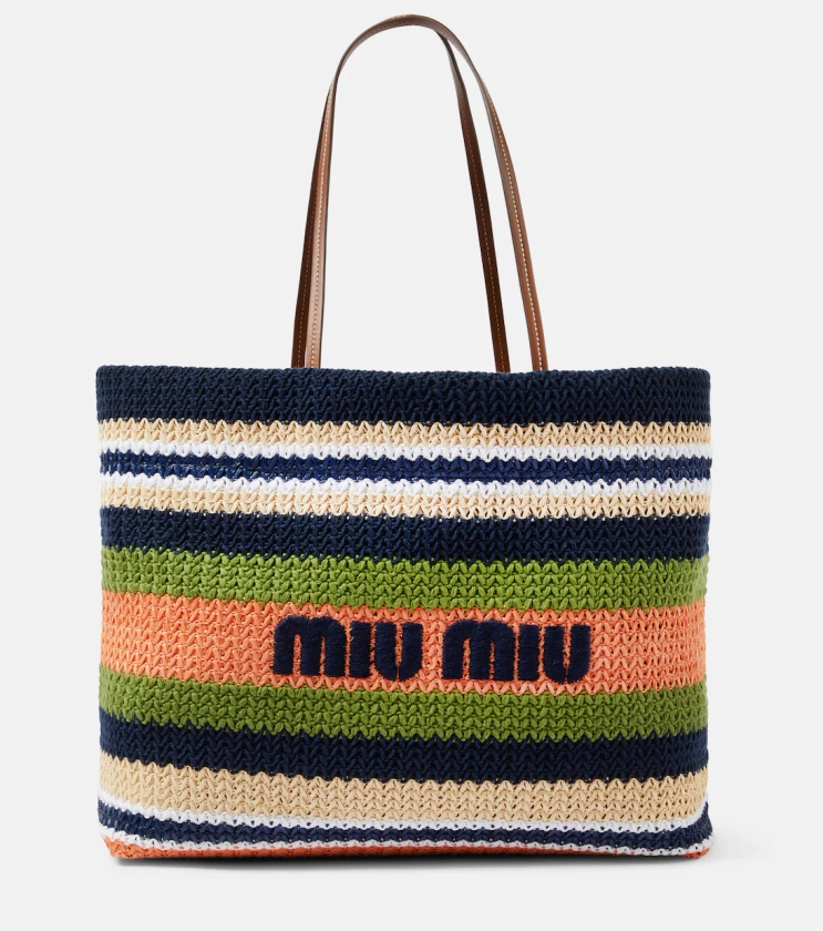 Logo embroidered leather-trimmed tote bag in multicoloured - Miu Miu | Mytheresa