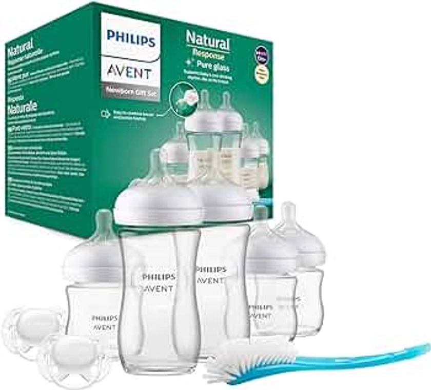 Philips Avent Kit biberons en verre Natural Response pour nouveau-né - 5 biberons, 2 sucettes Ultra Soft 0-6 mois, goupillon, sans BPA (modèle SCD879/11)