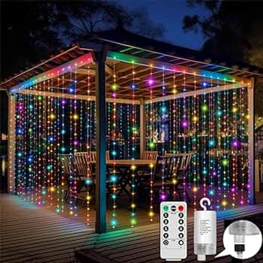 GCMacau Curtain Lights Battery Powered, Indoor &Outdoor Curtain Lights with Remote Control, 3m x 3m 300 LEDs, 8 Patterns Fairytale String Lights for Patio Decorations, Bedrooms, Parties.（Multicolor）