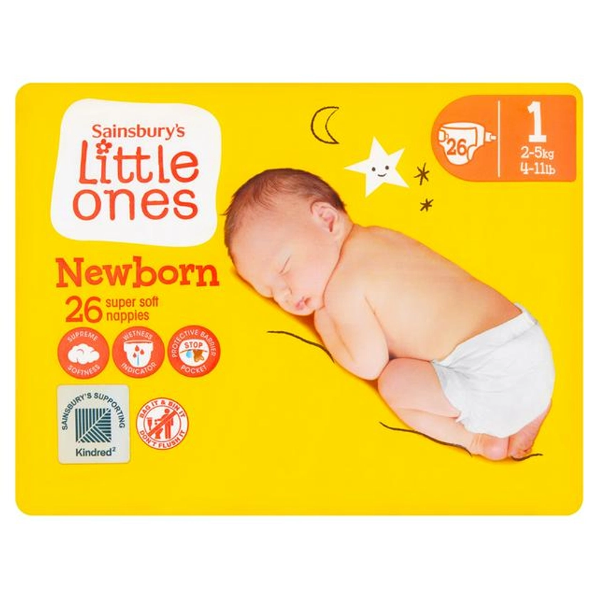 Sainsbury's Little Ones Newborn Super Soft Nappies Size 1, 2kg-5kg 4-11lb x26 | Sainsbury's