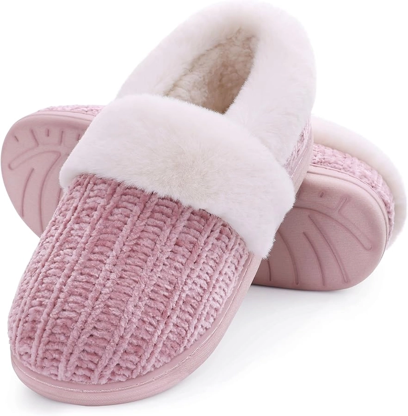 Evshine Women's Fuzzy Memory Foam Closed Back Slippers Chenille Knit Fleece Lined House Shoes