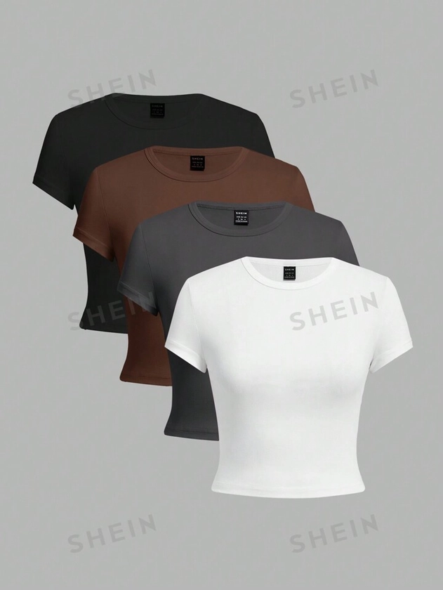 SHEIN EZwear Women's Casual Solid Color Short Crop Tight-Fitting T-Shirt 4pcs/Set For Summer | SHEIN UK