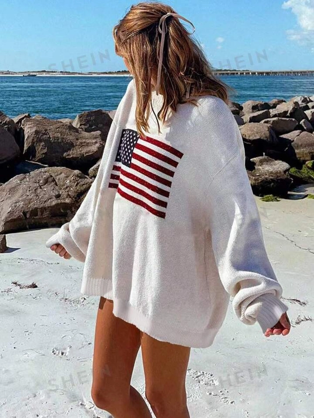 SHEIN Essnce Suéter Con Caída En Hombros Con Diseño De Bandera De Estados Unidos