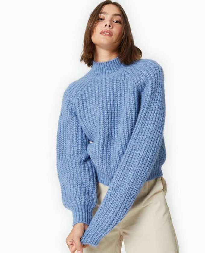 Pull col montant grosses mailles - Bleu