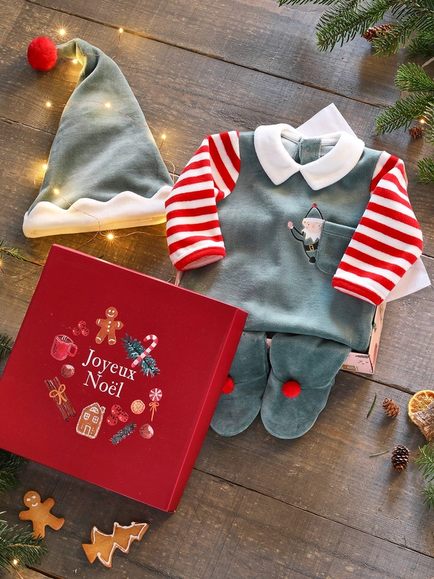 Coffret cadeau de Noël bébé mixte pyjama + bonnet Joyeux Lutin - vert sapin, Bébé