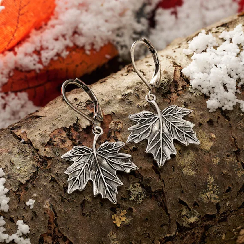 Leverback Vintage Maple Leaf Earrings, Rustic Tree Earrings, Seasonal Fall Jewelry, Sterling Silver Earrings, Minimalist Nature Earrings