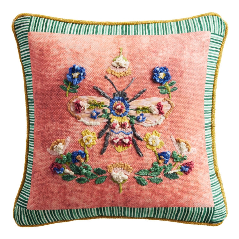 Coral Embroidered Floral Bee Throw Pillow - World Market