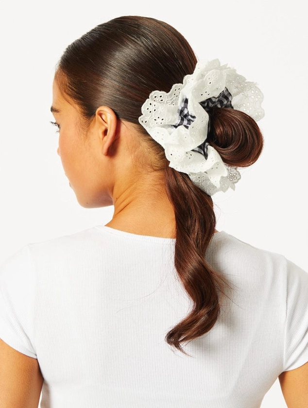 Gingham Frill Extra Large Scrunchie in White | Trending Hair Clips | Skinnydip London