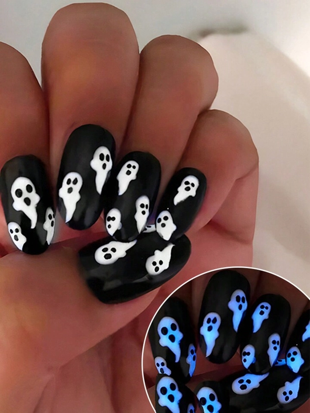 Set de 24 piezas de uñas de presión luminosa de Halloween con forma de almendra corta, diseño de fantasma, diablo, murciélago, alienígena luminiscente, momia, araña y calavera. Incluye lima de uñas y pegamento de gelatina. Adecuado para fiestas de mujeres y niñas. DDZ301