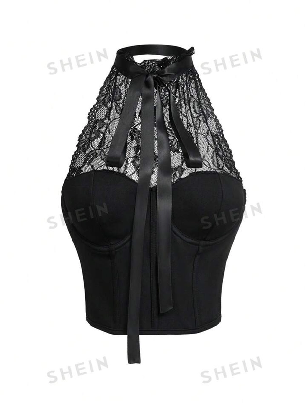 SHEIN ICON Camisola tipo bralette de encaje con parcheado en el cuello y decoración de lazo