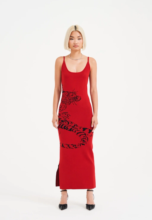 Womens Snow Tiger Knitted Maxi Dress - Red