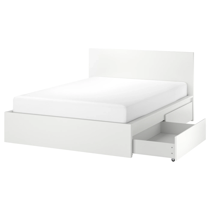 MALM high bed frame/2 storage boxes, white/Luröy, Full - IKEA