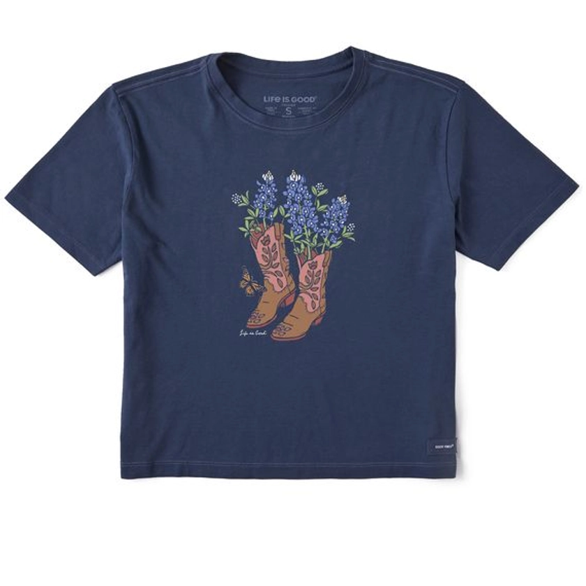 Life is Good Women's Woodcut Boots and Blue Bonnets Boxy Crusher Short Sleeve T-Shirt in Darkest Blue Size Large | 100% Cotton in 2024 | Blue bonnets, Cutie clothes, Tees